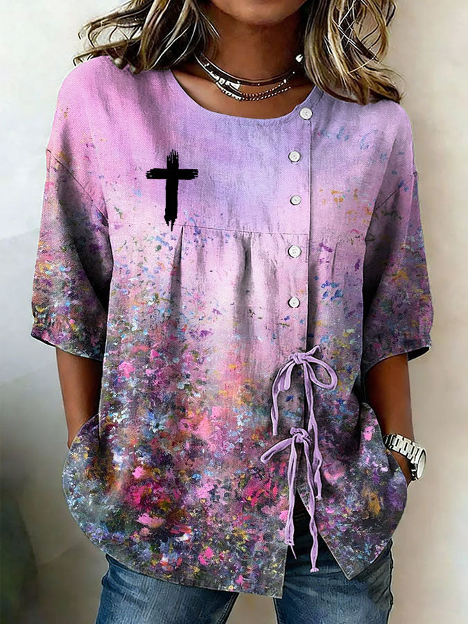 Women'S Cross Floral Print Cotton And Linen Top