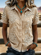Women's Burgundy Rose Embroidered Lace Trim Western Denim Shirt