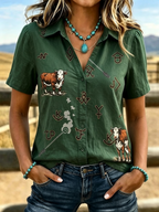Women'S Retro Western Style Printed Short Sleeved Shirt