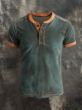 Men'S Casual Washed Spliced Cotton And Linen Henry Button Top