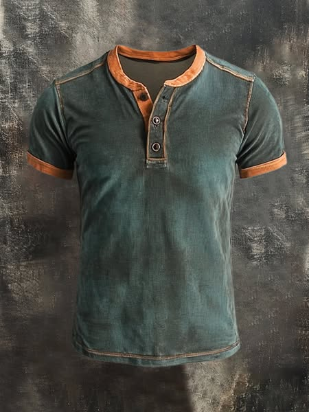 Men'S Casual Washed Spliced Cotton And Linen Henry Button Top