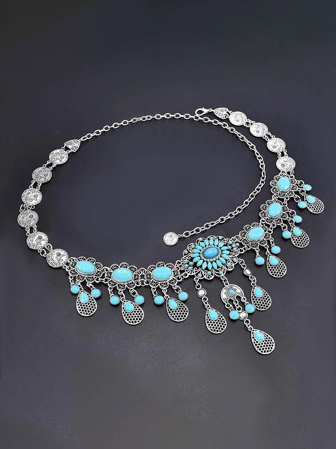 Metal Turquoise Tassel Floral Teardrop Belt