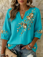Women's Breast Cancer Awareness Floral Ribbon Embroidered Printed Top