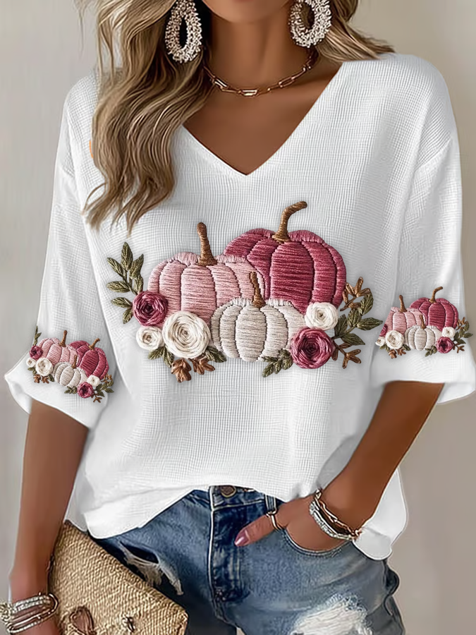 Women'S Pink Embroidered Pumpkin Flowers  Print Waffle  Top