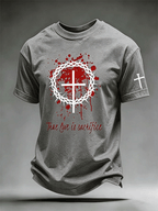 Men's True Love Is Sacrifice Crown Of Thorns Cross Blood Splatter Print Sleeve Cross Detail Crew Neck Short Sleeve T-Shirt