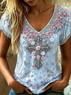 Women's Vintage Cotton-Linen Top with Cross Pattern