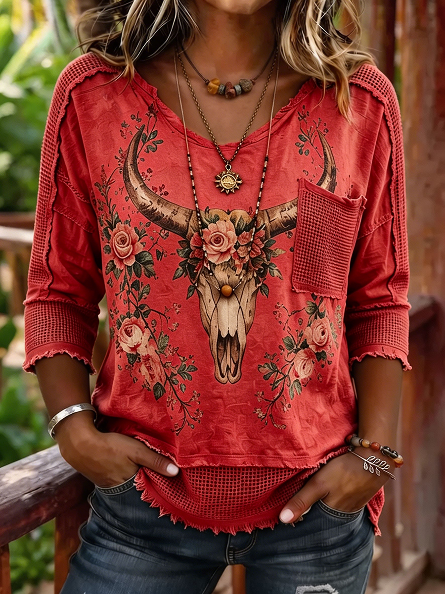 Women's Boho Bull Skull Floral Print Woven Patchwork 3/4 Sleeve Top