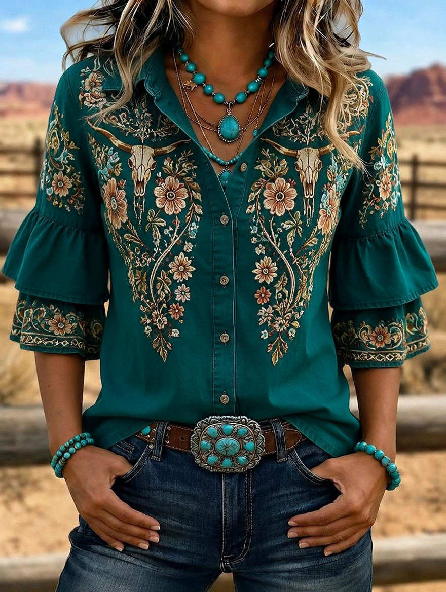 Women's Western Bull Skull Embroidered Ruffle Sleeve Shirt
