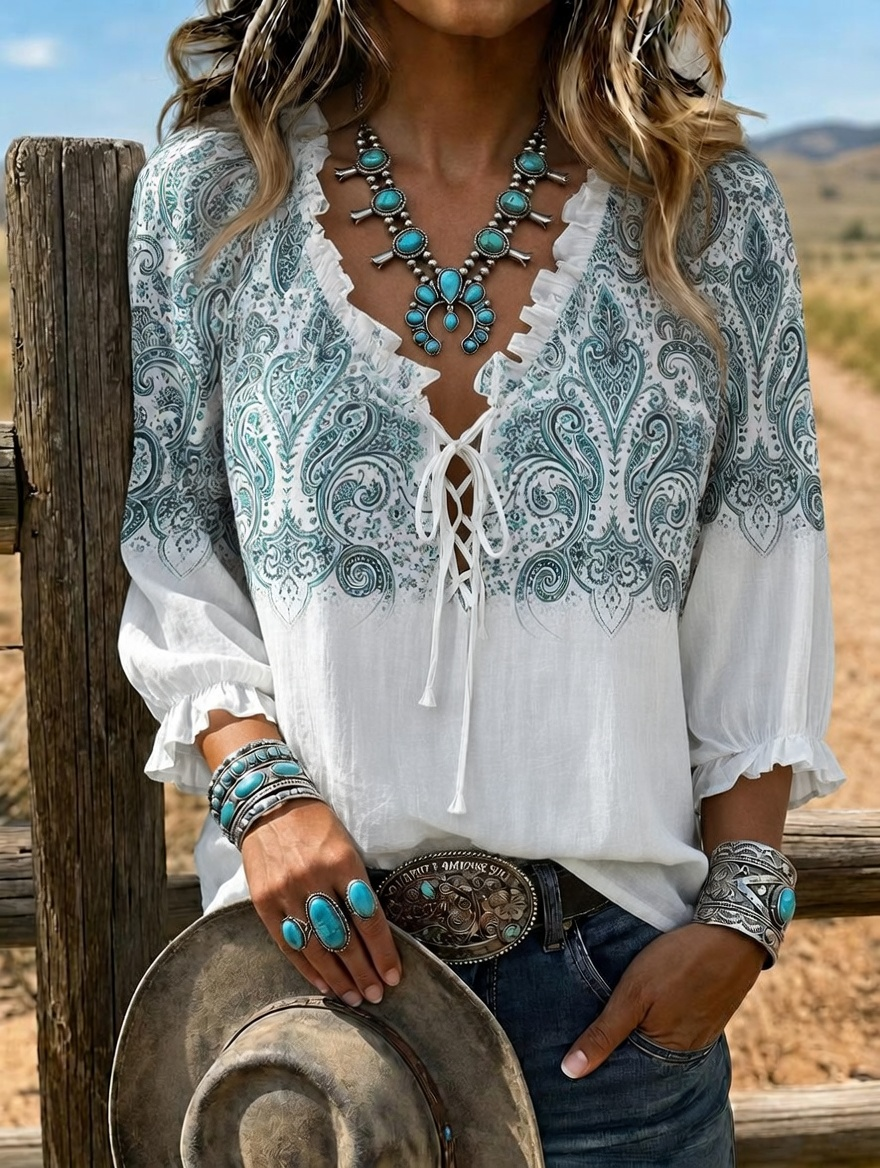 Women's Boho Paisley Ombre Lace Up 3/4 Puff Sleeve Western Blouse
