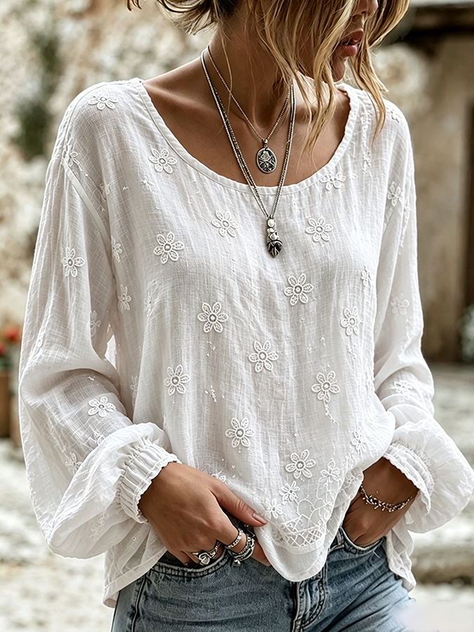 Women'S Floral Pattern Long Sleeved Linen Shirt