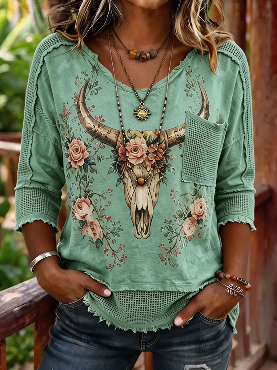 Women's Boho Bull Skull Floral Print Woven Patchwork 3/4 Sleeve Top