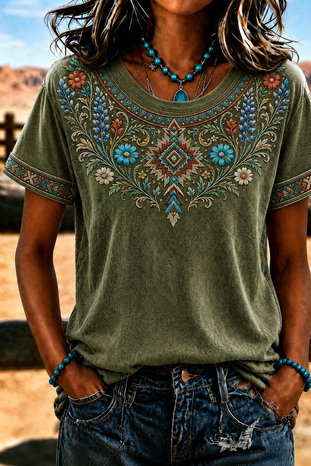 Women'S Retro Ethnic Art Printed Round Neck T-Shirt