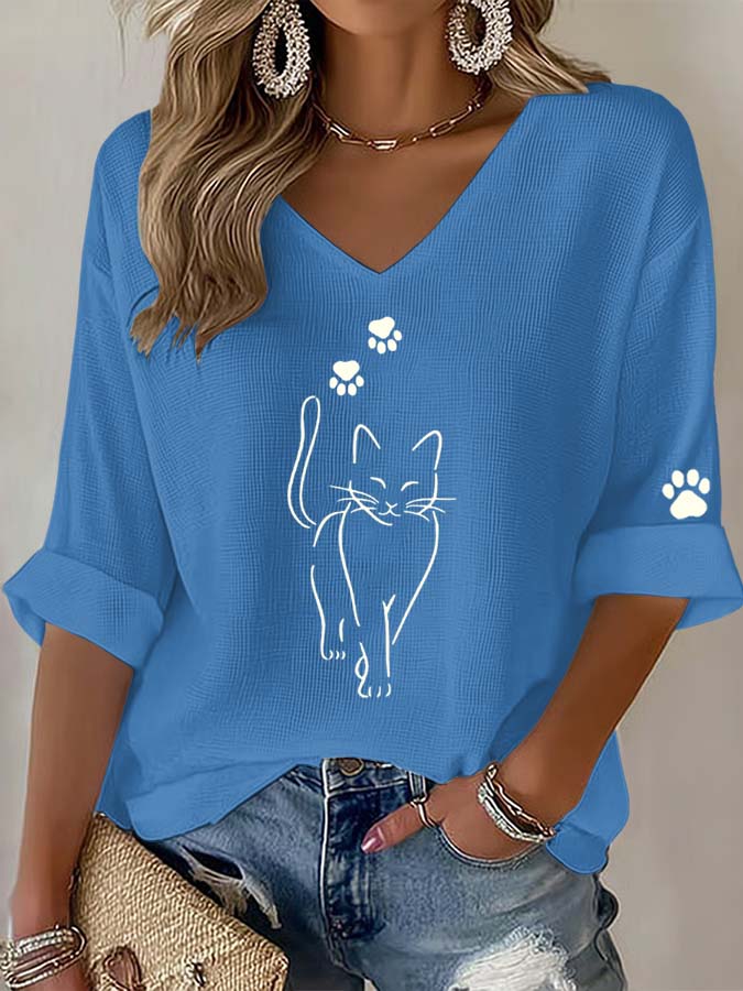 Cute Simple Pen Cat Print V-Neck