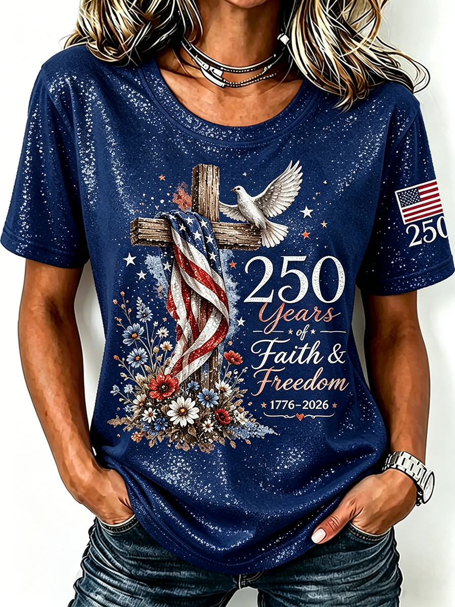 American Flag Cross Jesus Sequin Print Round Neck Top