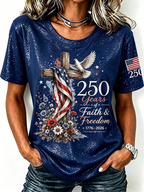 American Flag Cross Jesus Sequin Print Round Neck Top