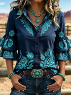 Women's Paisley Floral Embroidery Lapel Layer Ruffle Bell Sleeve Western Shirt