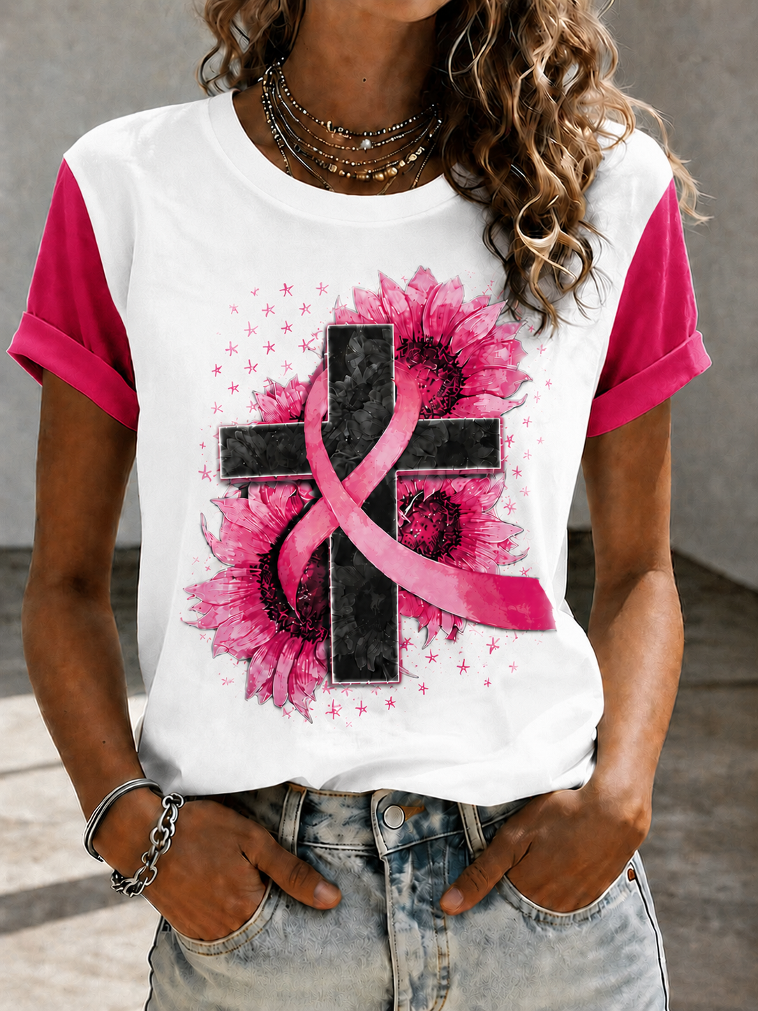 Women'S Faith Breast Cancer Publicity Print Short Sleeve T-Shirt