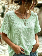 Women's Retro Bohemian Style Floral Embroidery Print Lace Short-sleeve Top