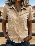 Women's Light Wash Floral Embroidered Lace Trim Western Denim Blouse