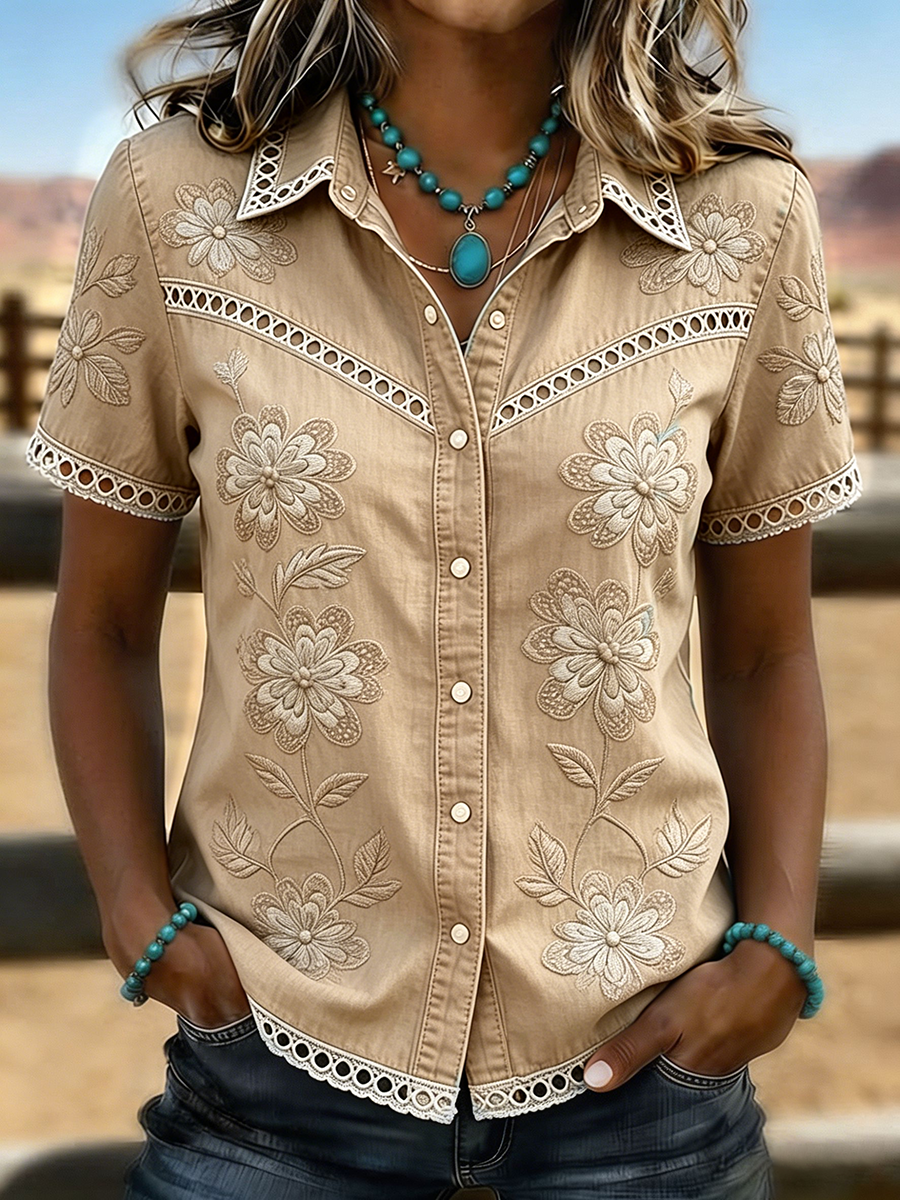 Women's Light Wash Floral Embroidered Lace Trim Western Denim Blouse