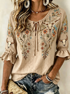 Women's Cow Skull Floral Embroidery Tie Neck Ruffle Western Blouse