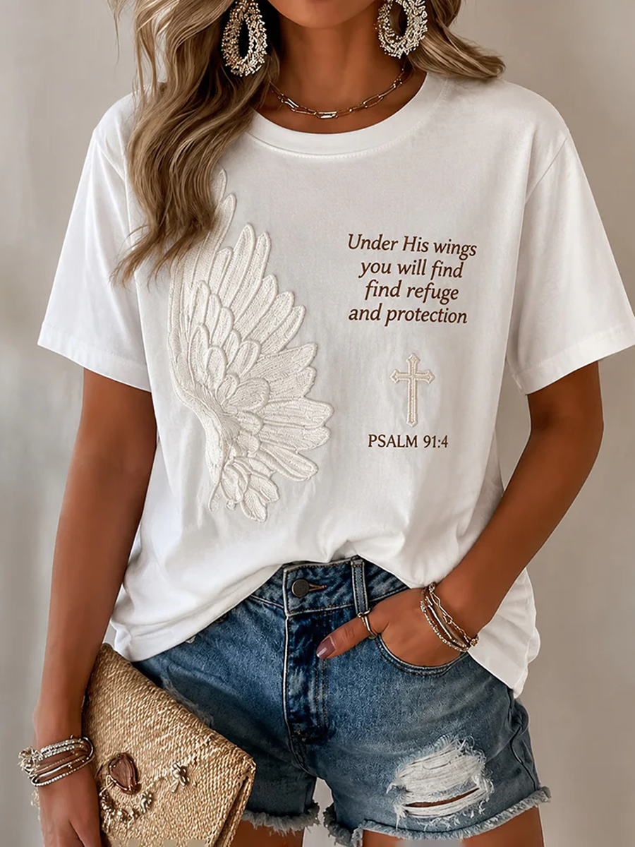 Women's Faith Unilateral Wings Cross Psalm Letter Print Casual Short Sleeve Tee