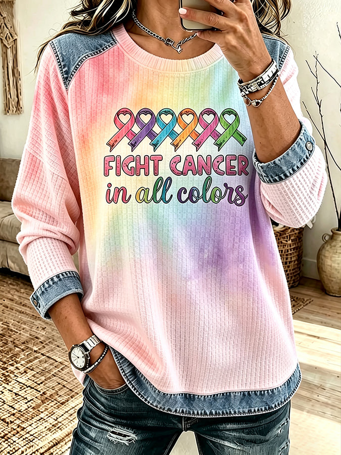 Women's Cancer Awareness Month Print Casual Waffle Top