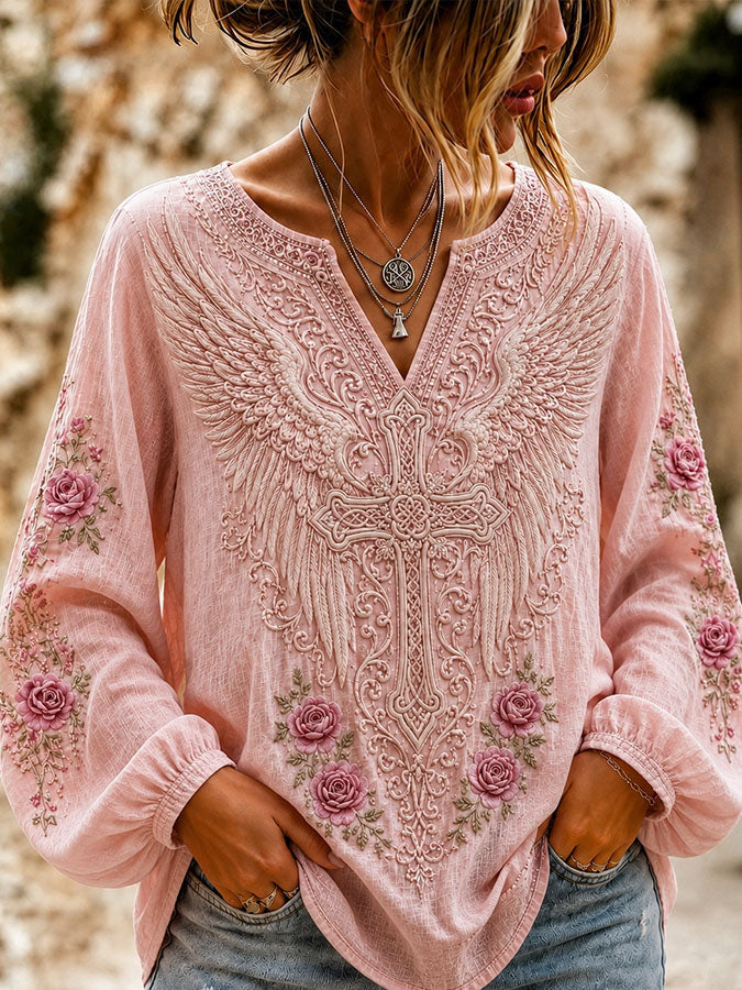 Women'S Cross Angel Wings Printed Casual Top