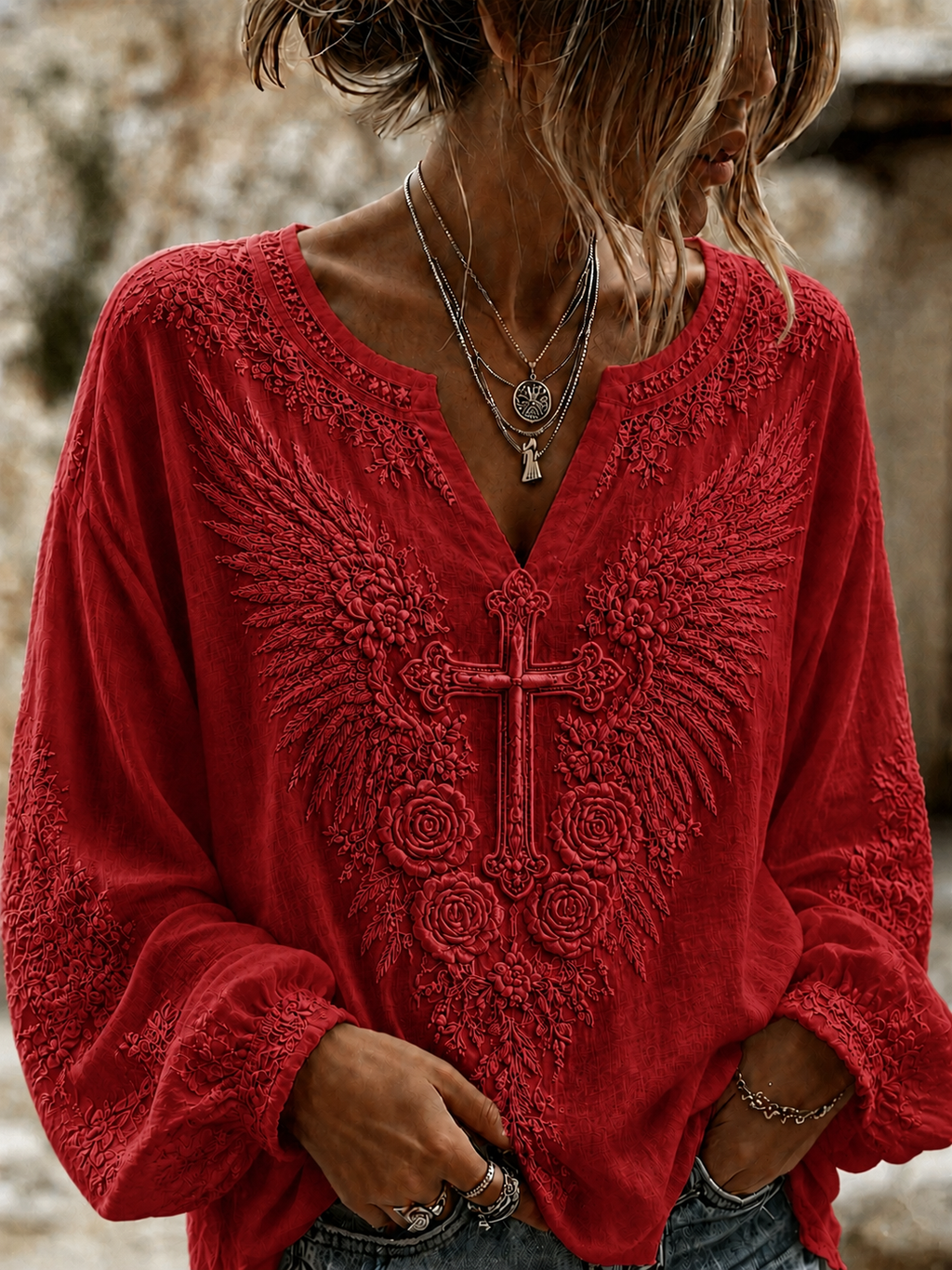 Women'S Cross Angel Wings Printed Casual Top