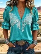 Women's Vintage Art Print Puff Sleeve Casual Shirt