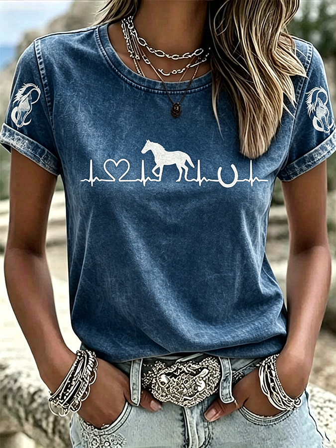 Women'S Western Style Animal Round Neck T-Shirt