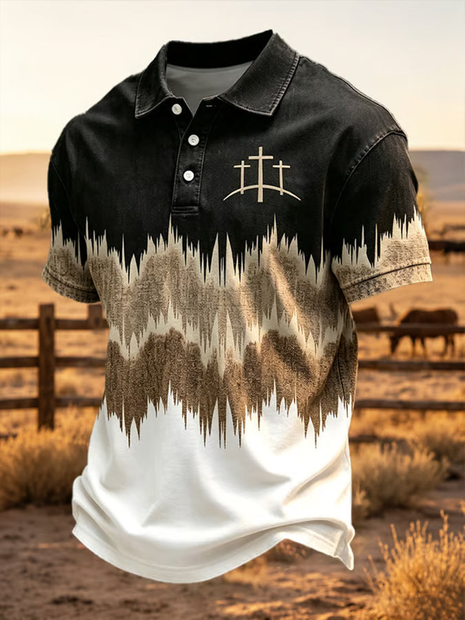 Men'S Western Cross Print Polo Shirt