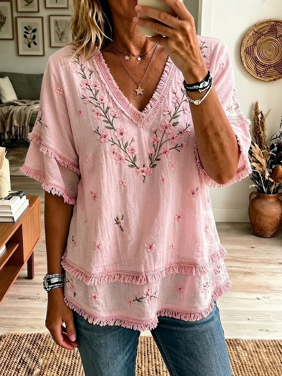 Women'S Pink Cotton Linen Flower Print Casual Tassel Shirt