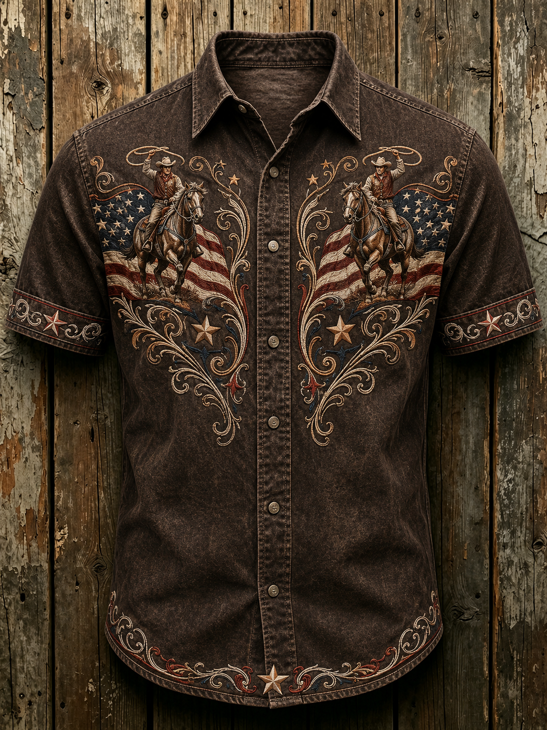 Men'S Retro Patriotic Western Style Short Sleeved Shirt