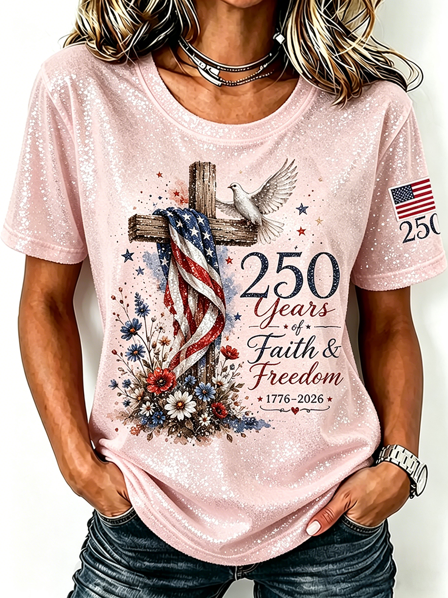 American Flag Cross Jesus Sequin Print Round Neck Top