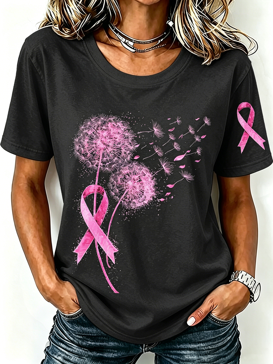 Pink Series Disease Health Awareness Public Welfare Printed Round Neck T-Shirt