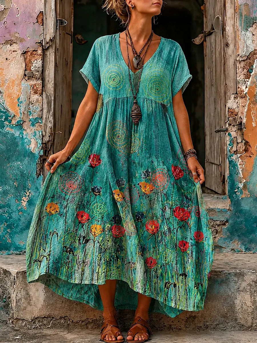 Women's Vintage Floral Art Linen Maxi Dress