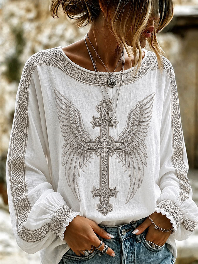 Women's Cross Printed Casual Cotton and Linen Top