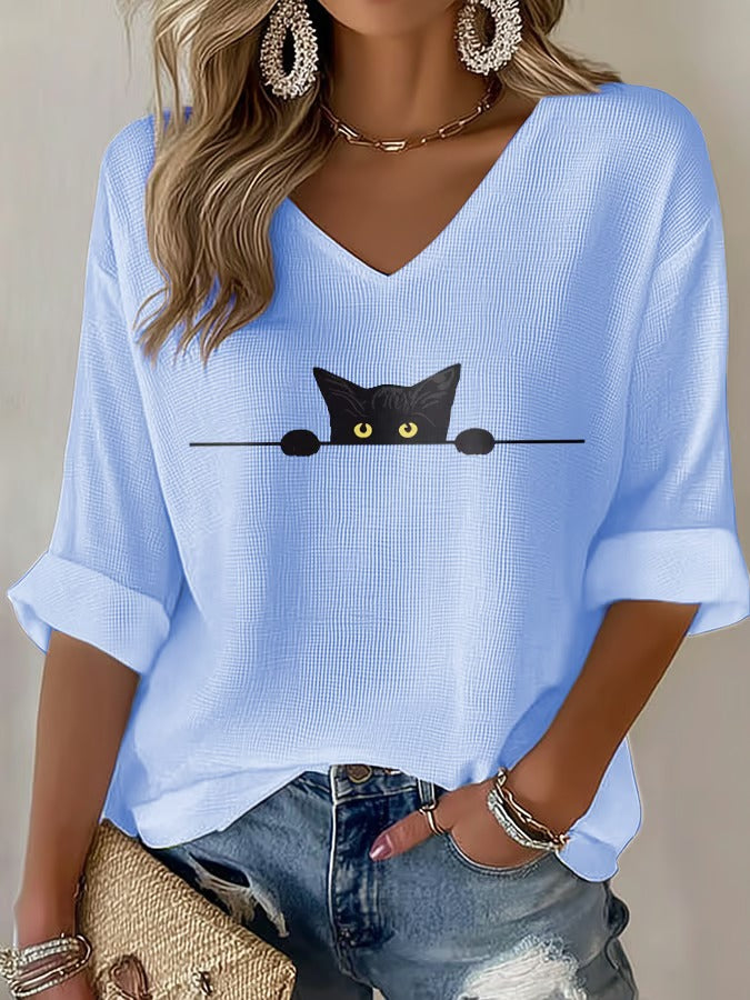 Women'S Cat Printed Waffle T-Shirt