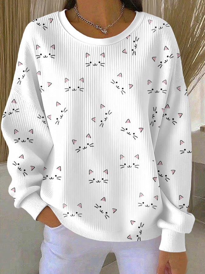 Women'S Cat Print Casual Texture Sweatshirt