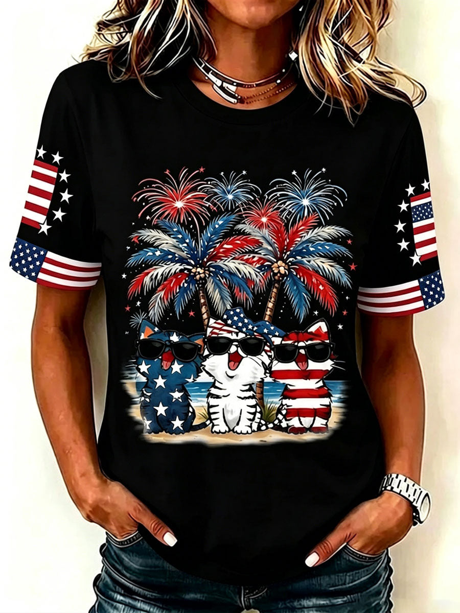 Women'S Casual Cat Faith-Print T-Shirt For Independence Day