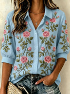 Women's Breast Cancer Awareness Pink Rose Floral Embroidered Button-up Shirt