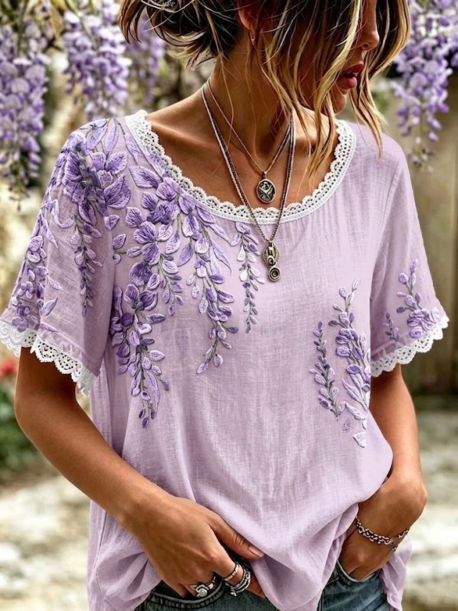 Women'S Floral Cotton Linen Lace Lace Short Sleeved Shirt
