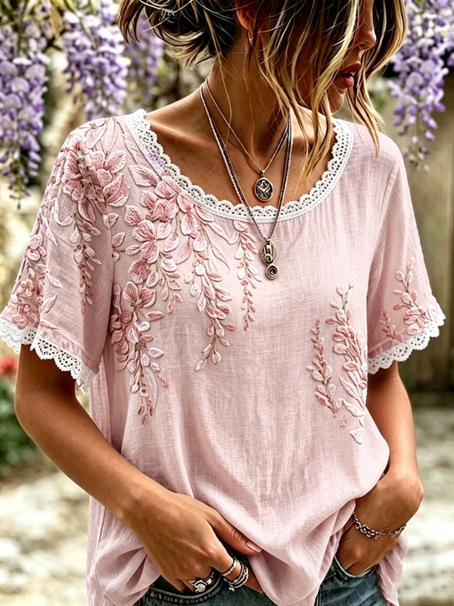 Women'S Floral Cotton Linen Lace Lace Short Sleeved Shirt