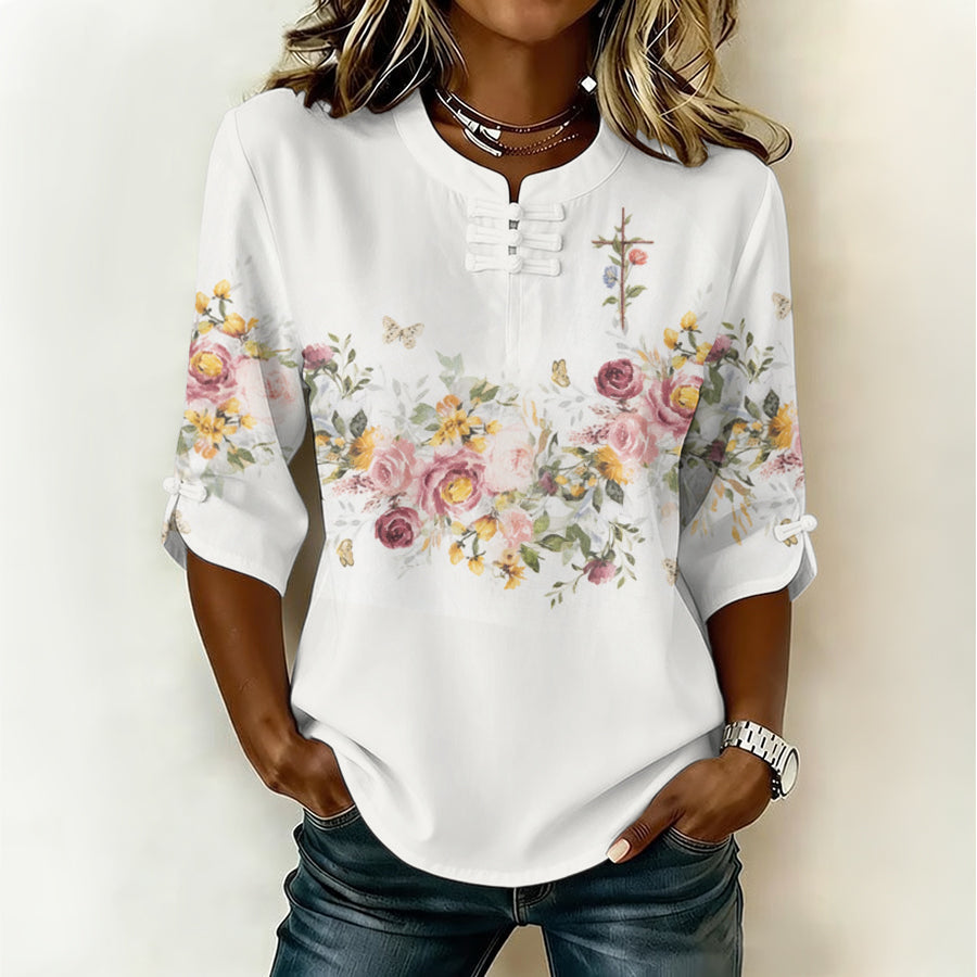 Women'S Retro Faith Flower Art Cotton And Hemp Printing Design Casual T-Shirt