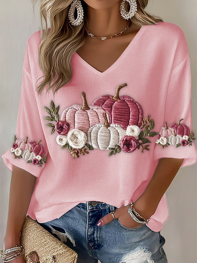Women'S Pink Embroidered Pumpkin Flowers  Print Waffle  Top