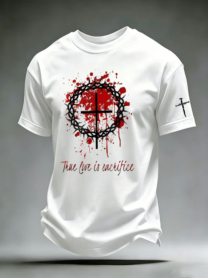 Men's True Love Is Sacrifice Crown Of Thorns Cross Blood Splatter Print Sleeve Cross Detail Crew Neck Short Sleeve T-Shirt