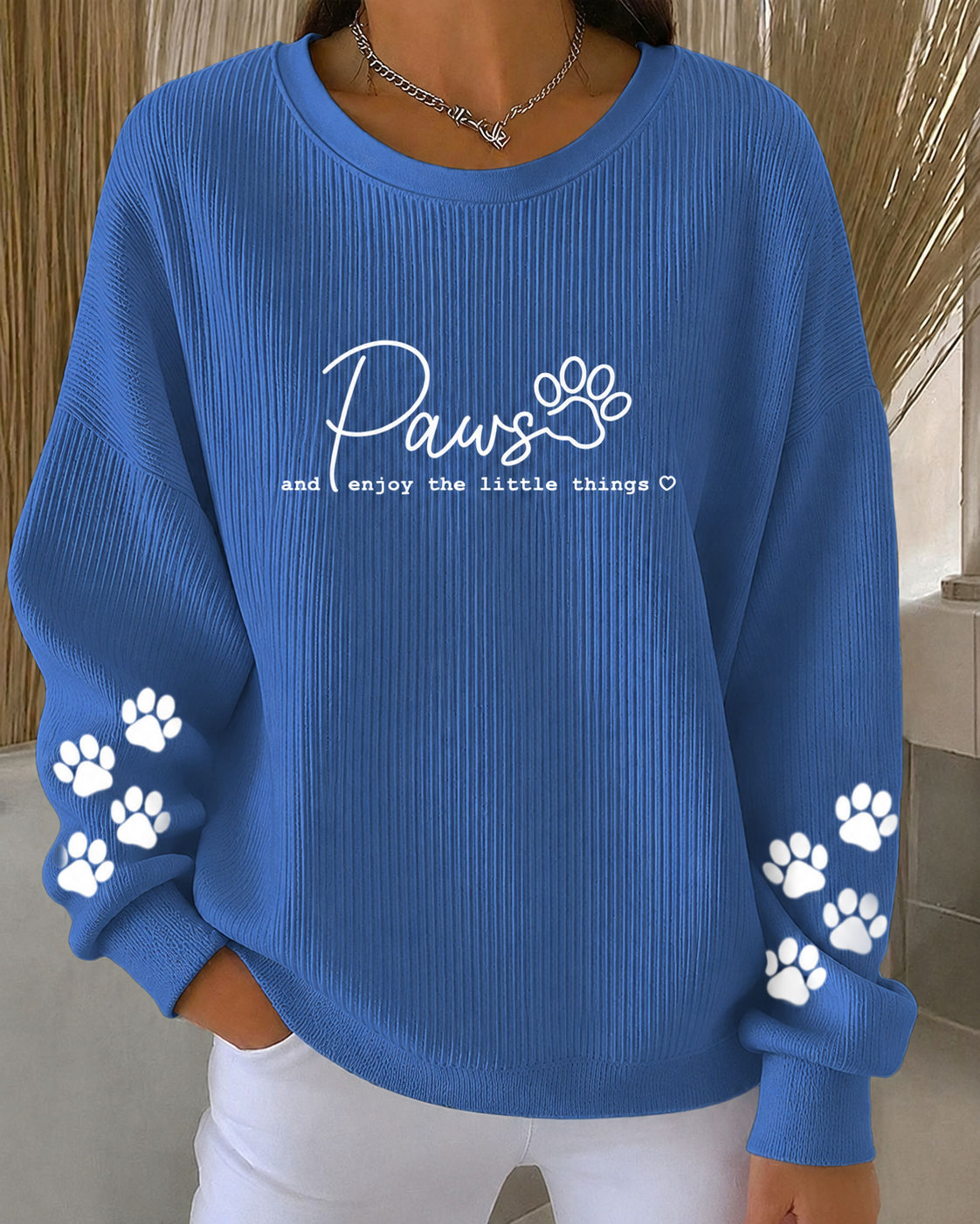 Women'S Cat Printed Ribbed Round Neck Sweatshirt