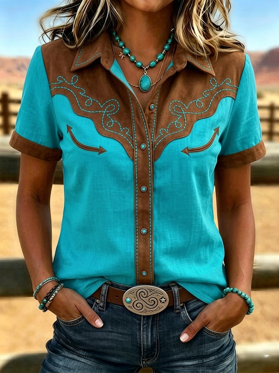 Women's Vintage Cowgirl Down Country Concert Short Sleeve Tops Shirt