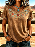 Retro Ethnic Floral Art Printed Round Neck Women's T-Shirt